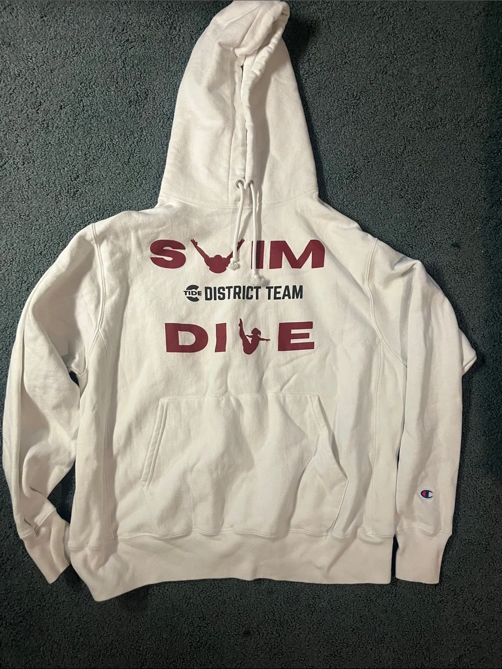 Champion White Hoodie with Maroon 'SWIM DIVE' Graphics